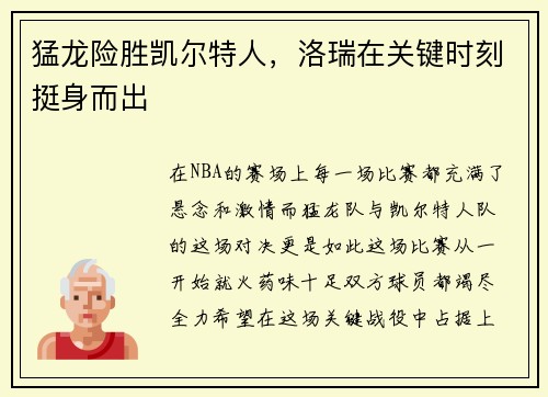 猛龙险胜凯尔特人，洛瑞在关键时刻挺身而出